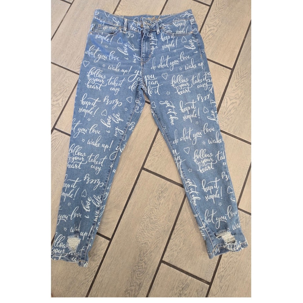 Copperflash High Rise Ankle Skinny Jeans Blue Graffiti Script Distressed 12
